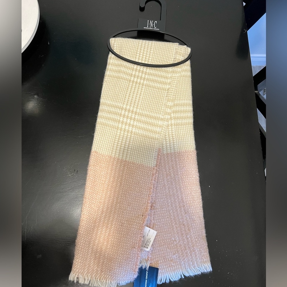 INC International Concepts Women's Houndstooth and Plaid Cream and Pink Scarf